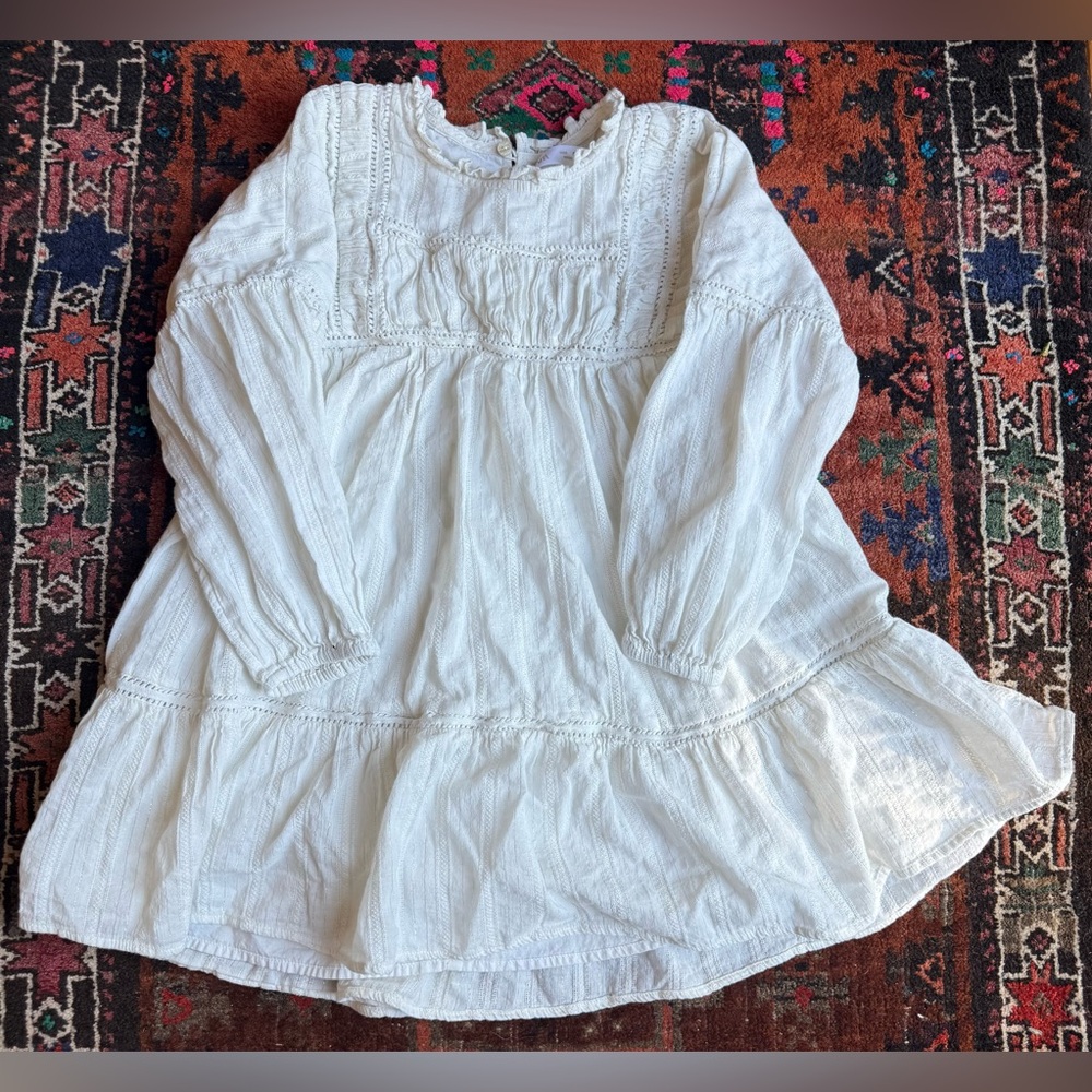 ZARA Girls White Textured Long Sleeve Dress | Size 8